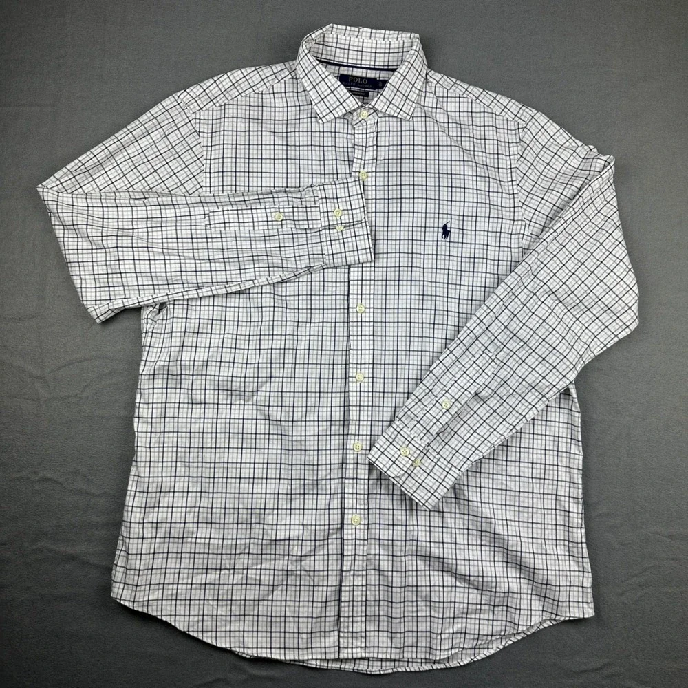 Polo Ralph Lauren Performance Shirt Mens XL White Blue Tattersall Plaid Stretch